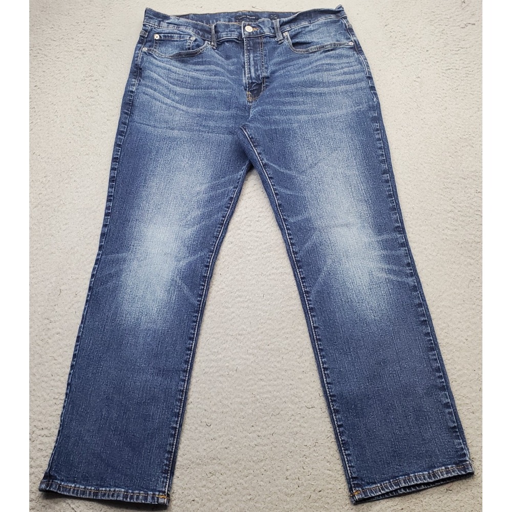 Lucky Brand 223 Straight Jeans Mens 36x30 Blue Denim Whiskered Faded Stretch